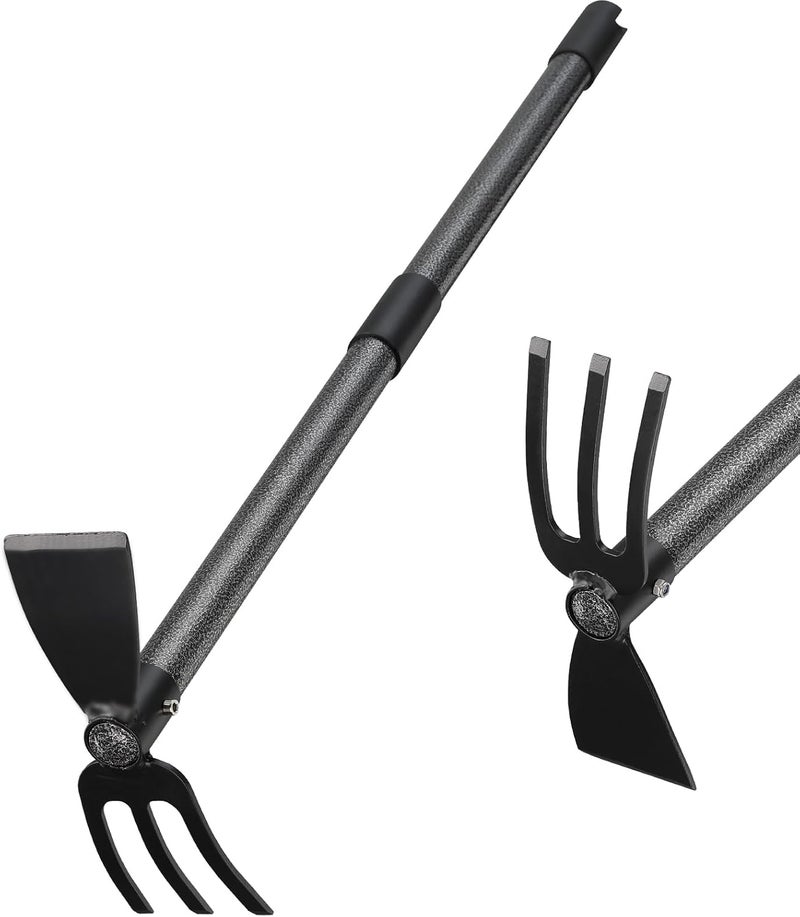 Oliynedy Hoe and Cultivator Gardening Hand Tools, Heavy Duty Stainless Steel Garden Hoe and 3 Fork Hand Tiller for Gardening Weeding Planting with Adjustable Handle 45 inch - Image 1